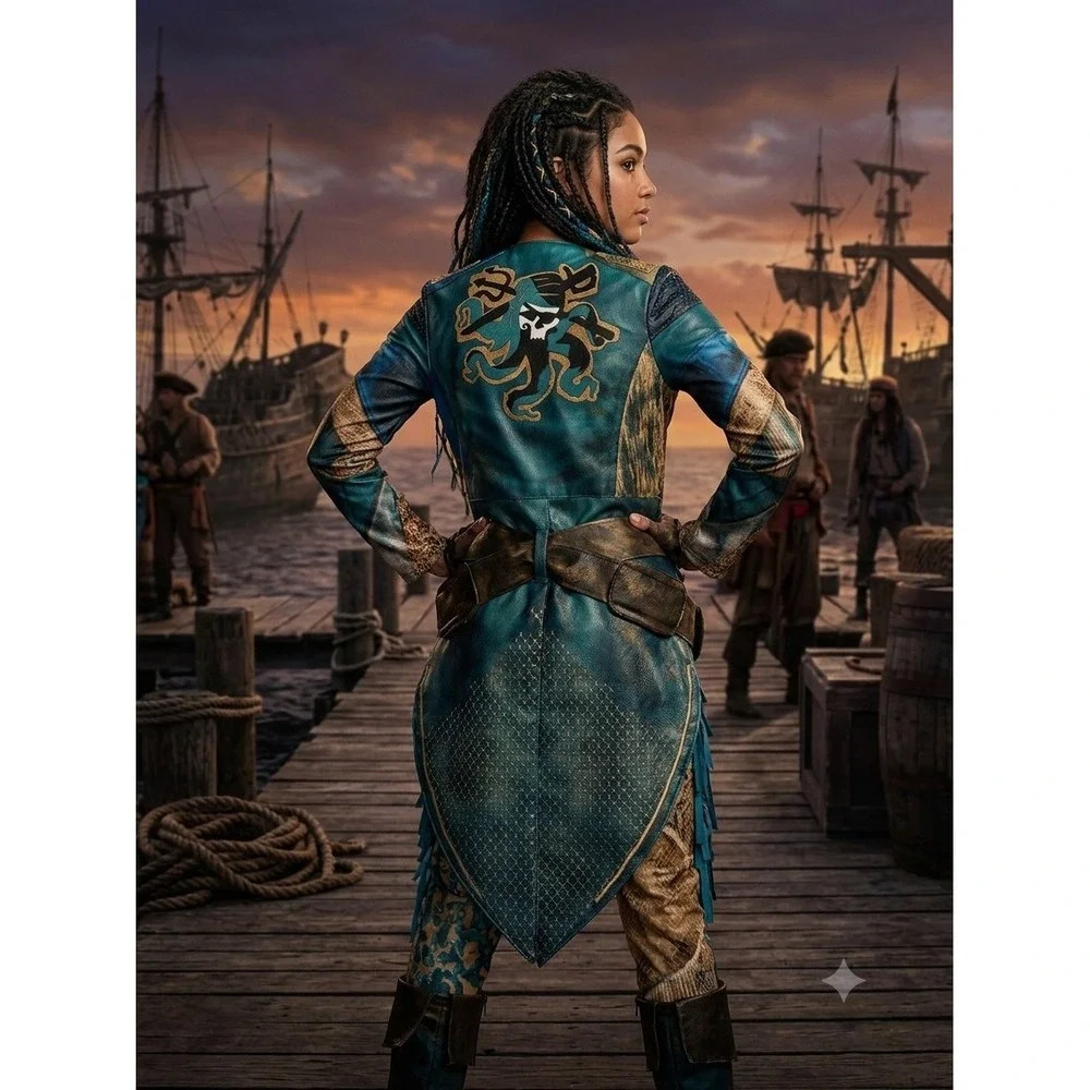 Disney Descendants 2 Uma Deluxe Costume Girls 7/8 Teal Pirate Jacket Pants Set
